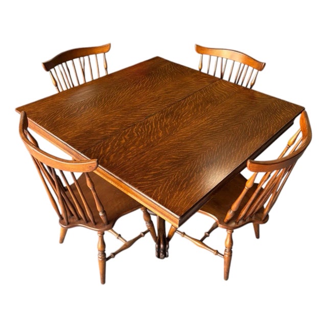 1930s Tiger Oak/Quarter Sawn Table With Color Matched Hard Rock Maple Fiddleback Chairs - All High End Handcrafted Furnitire For Sale