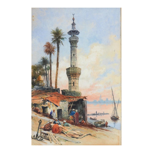 Early 20th Century Levant Minaret Harbor Scene Painting For Sale