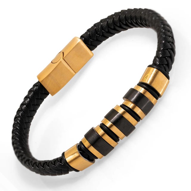 Men's Style Fashion Black Leather & Gold Bracelet For Sale In Miami - Image 6 of 7