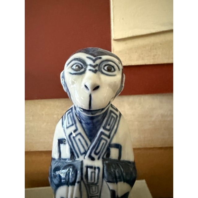 Navy Blue Vintage Blue and White Monkey Figure, Attributed to Andrea by Sadek, Chinese Zodiac Style Figurine For Sale - Image 8 of 9