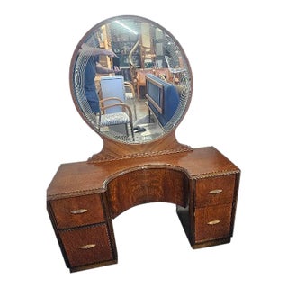 1930s Art Deco Waterfall Burl Wood Vanity With Circular Mirror For Sale