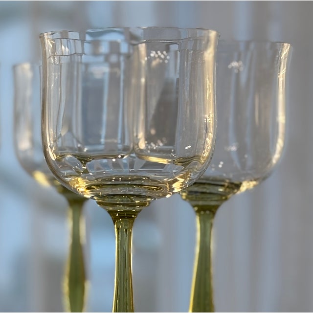 Art Nouveau Wine Glasses with Wavy Bowl and Green Stem, 1890s, Set of 6 For Sale - Image 3 of 5