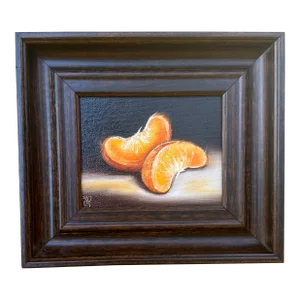 21st Century Orange Slices Oil on Canvas Board Wood Frame Painting Handmade Signed