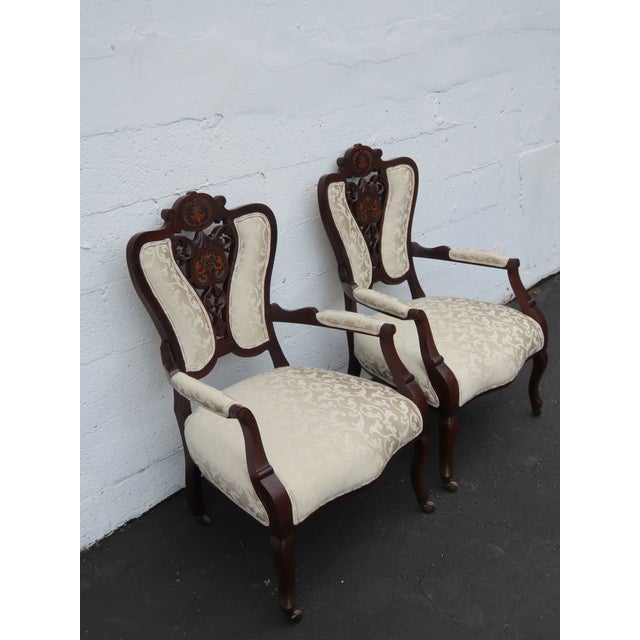 Victorian Late 1880s Carved Inlay Side Chairs a Pair 6643 For Sale - Image 10 of 17