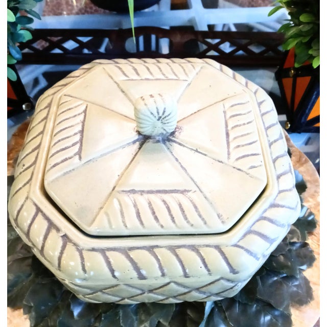 Traditional Pale Green Ceramic Quilted Design Decorative Trinket Display Box For Sale - Image 3 of 5