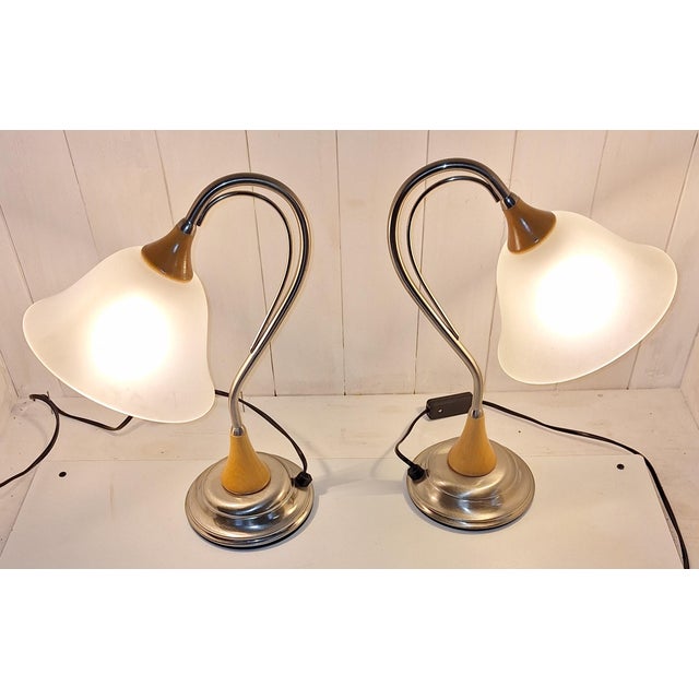 Wood Vintage Table Lamps in Metal Frame with Beechwood and White Glass Shade, 1990s, Set of 2 For Sale - Image 7 of 7