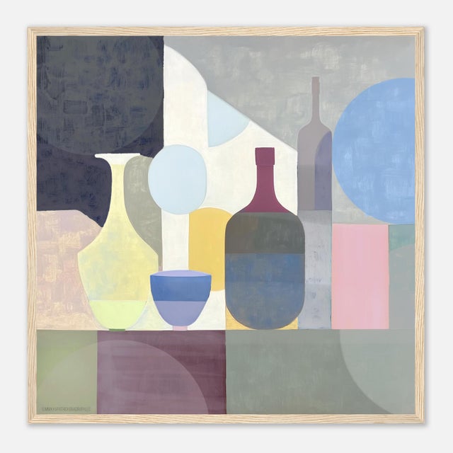 Mid century modern still life is an original artwork by P. L. Bradbury. A rich palette in olive tones, blues, and pink...