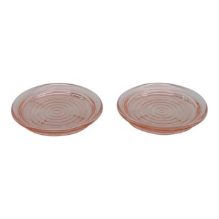 Early 20th Century Pink Depression Glass Coasters Pair of Two Concentric Ring Small Dishes For Sale