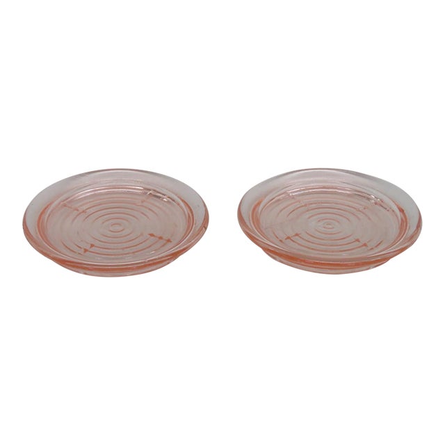 Early 20th Century Pink Depression Glass Coasters Pair of Two Concentric Ring Small Dishes For Sale