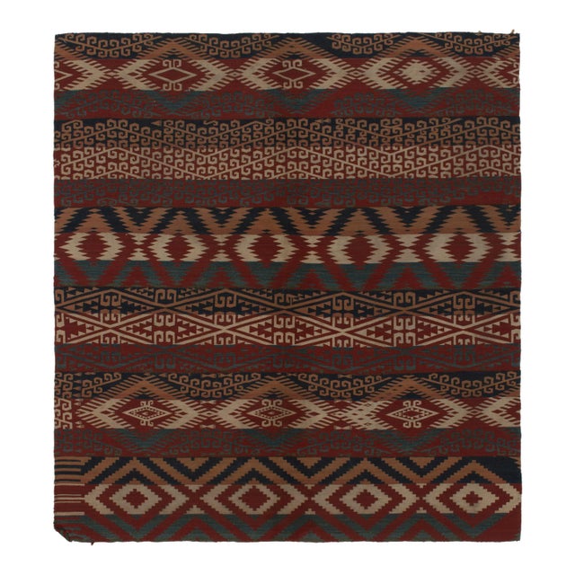 Antique Jajim Kilim in Scarlet Red, Aegean Blue & Beige Tribal Patterns For Sale