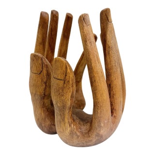 Rare Vintage Hand Carved Wooden Hands Bowl / Art Sculpture / Primitive Wood Centerpiece For Sale