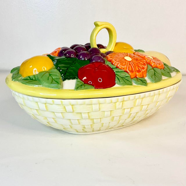 Canary Yellow 1982 Vintage Americana Folk Art Boho Chic Fruit Lidded Serving Bowl For Sale - Image 8 of 11