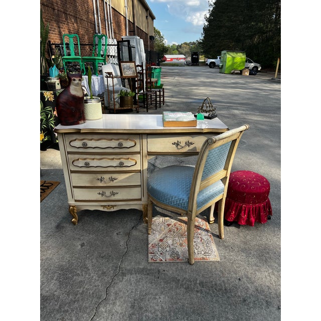Vintage Regency White Wooden Desk With Gold Accents and Matching Chair- Needs Reupholstery For Sale In Atlanta - Image 6 of 8