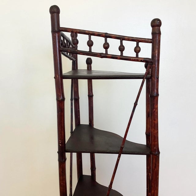 1960s 1960s British Colonial Ball and Stick Scorched Bamboo Corner Etagere in Burnt Mahogany. For Sale - Image 5 of 12