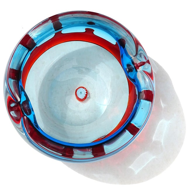 Mid-Century Modern Fratelli Toso Murano Blue With Red Crown Decor Flower Millefiori Center Italian Art Glass Bowl Ashtray For Sale - Image 3 of 10