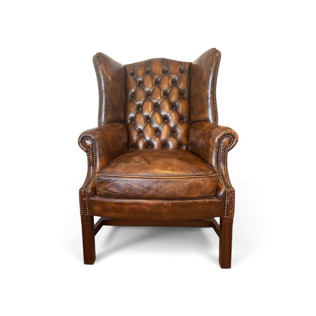 Set of Vintage English Chesterfield Leather Wingback Chair with Ottoman, 1990s For Sale - Image 6 of 9