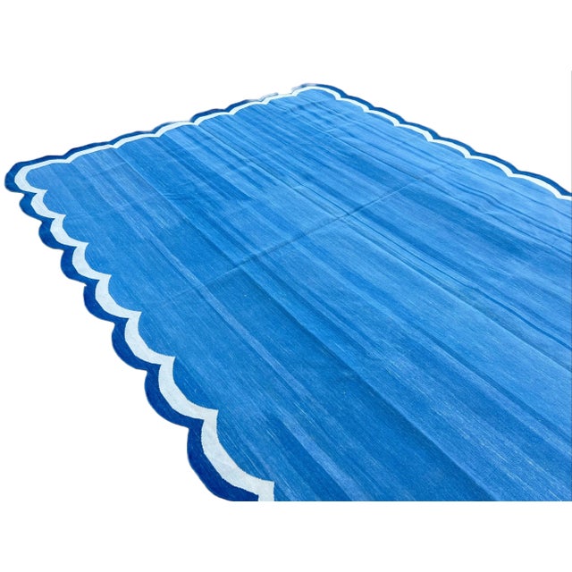 Textile Handmade Cotton Area Scalloped Rug Blue, Cream, Indigo Blue Border Dhurrie - 5'x8' For Sale - Image 7 of 11