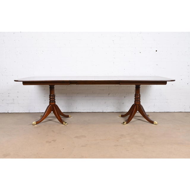 Mid 20th Century Stickley Georgian Cherry Wood Double Pedestal Extension Dining Table, Newly Refinished For Sale - Image 5 of 13