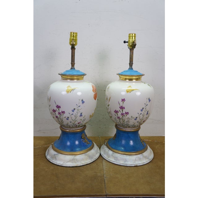 Early 20th Century 2 Antique French Floral Painted Butterfly Ginger Jar Mantel Urn Lamps Pair 34" For Sale - Image 5 of 18