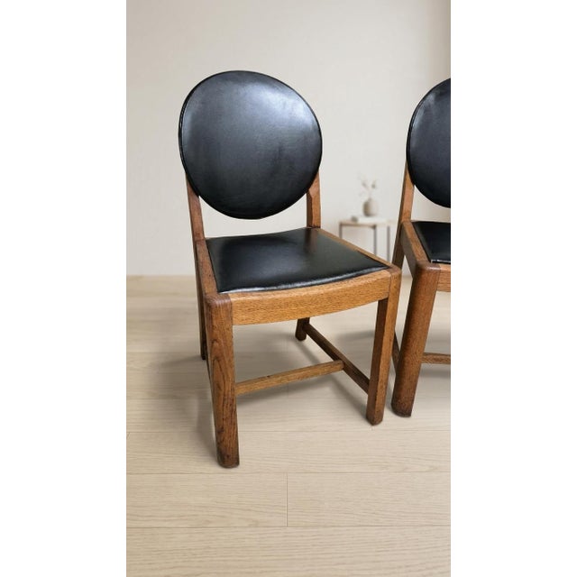 Vintage Wooden Dining Chairs with Black Leather Upholstery, 1940s, Set of 4 For Sale - Image 4 of 17