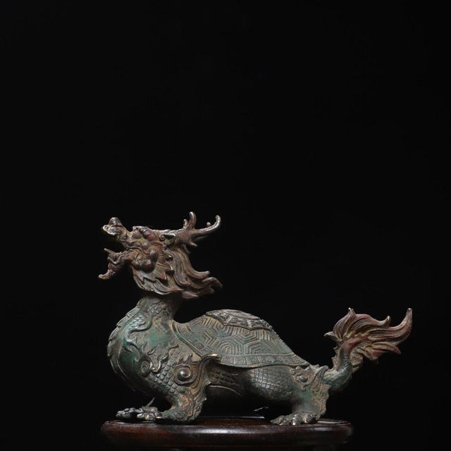 Traditional Late 19th Century Gilt Bronze Dragon Turtle Statue on Wooden Stand, 1.5kg For Sale - Image 3 of 9