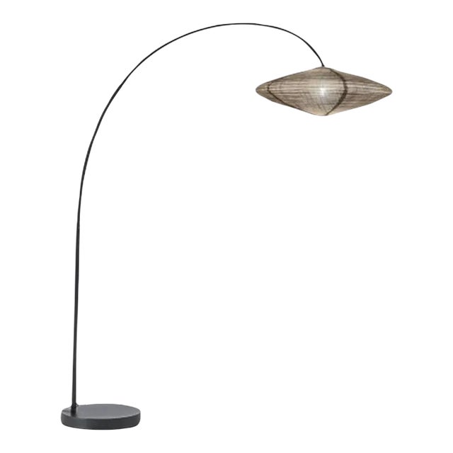 Roswell 1 Light Arc Floor Lamp - Matte Black Finish, Handcrafted Shinpuru-Sa Linen-Cotton Shade, Black Marble Base, Dimmer For Sale