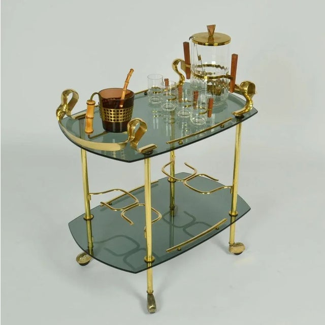 Italian Bar Cart in Brass and Smoked Glass, 1960s For Sale - Image 3 of 12