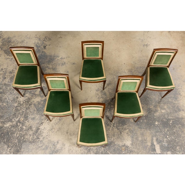 Art Deco 1930s French Art Deco Mahogany Dining Chairs in Olive Green Velvet - Set of 6 For Sale - Image 3 of 18