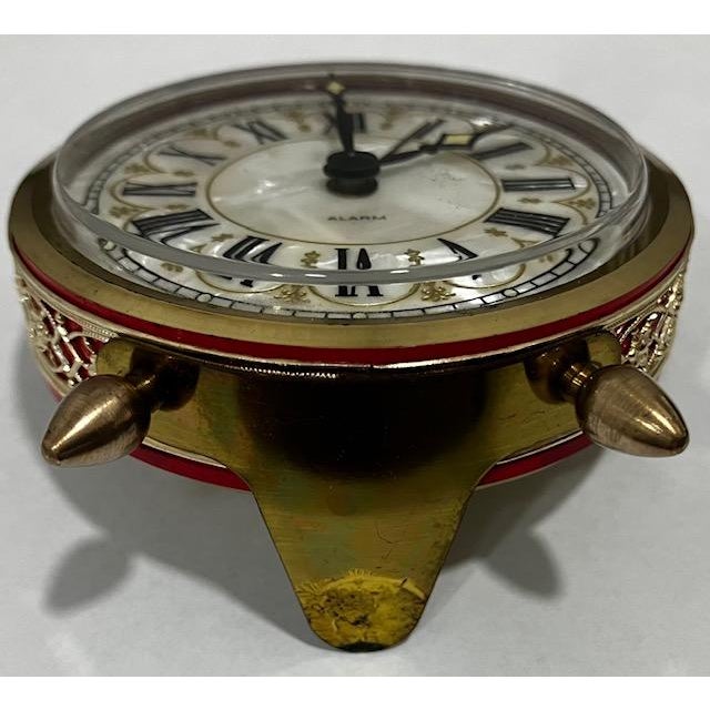 Vtg. Elgin Alarm Clock Germany Mother of Pearl Dial Solid Brass Accents Mechanical Wind Works For Sale - Image 6 of 10