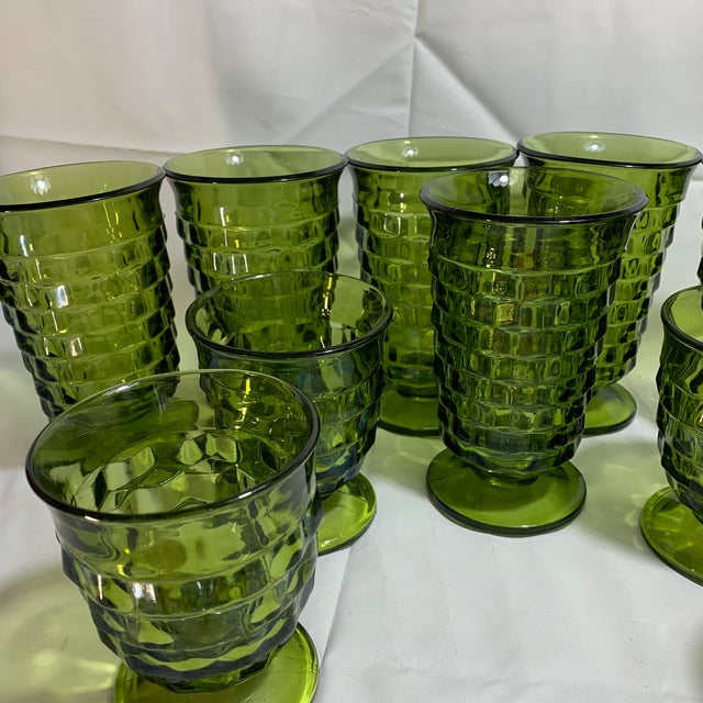 Mid-Century Modern Vintage Indiana Glass Company Avocado Green "Whitehall" “Cubist” Set of 11 For Sale - Image 3 of 5