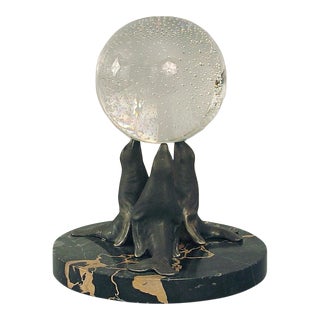 1920s Art Deco Sculpture of Three Seals on Marble Balancing a Crystal Ball For Sale