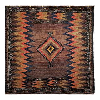 Antique Persian Qashqai Tribal Sofreh Kilim Rug, Handwoven Wool, Geometric Pattern, Brown, 4x4 For Sale