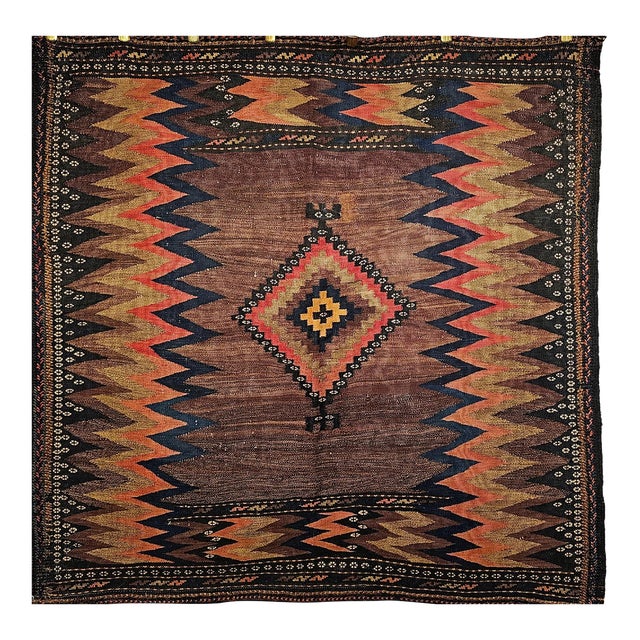 Antique Persian Qashqai Tribal Sofreh Kilim Rug, Handwoven Wool, Geometric Pattern, Brown, 4x4 For Sale