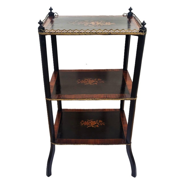 19th C French Inlaid 3 Tier Rosewood Ebony & Bronze Gallery Table Stand Etegere For Sale In New York - Image 6 of 15