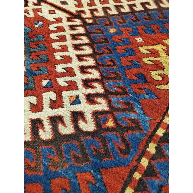 Antique Kazak Handmade Wool Geometric Gold, Ivory, Navy & Light Blue Rug For Sale - Image 9 of 10