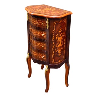French Louis XV Petite Commode – 4-Drawer Bombe Chest With Marquetry & Gold Leaf Details For Sale