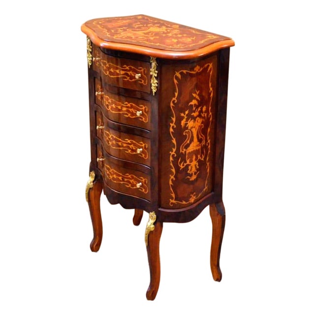 French Louis XV Petite Commode – 4-Drawer Bombe Chest With Marquetry & Gold Leaf Details For Sale