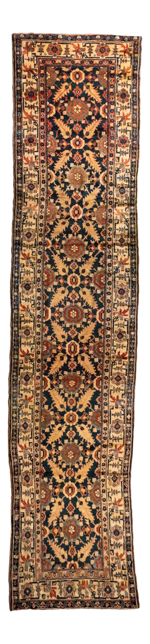 Antique Long Navy Blue Gold Brown Northwest Persian Runner Rug c. 1880-1900