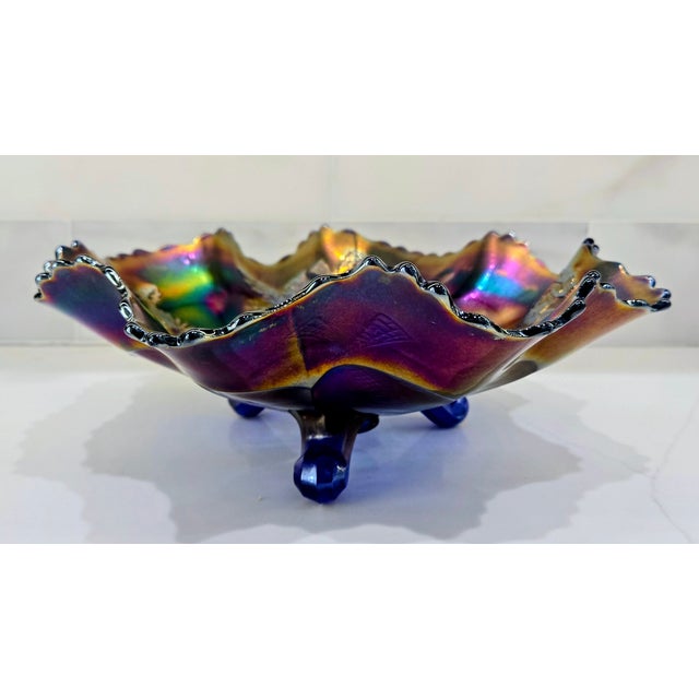 Classic Period Imperial Amethyst Carnival Glass Windmill Footed Bowl For Sale In Dallas - Image 6 of 9