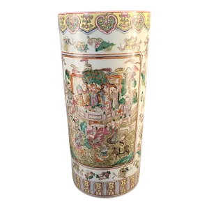 Early 20th Century Asian Famille Rose Umbrella Stand, Hand Painted Figural Marked
