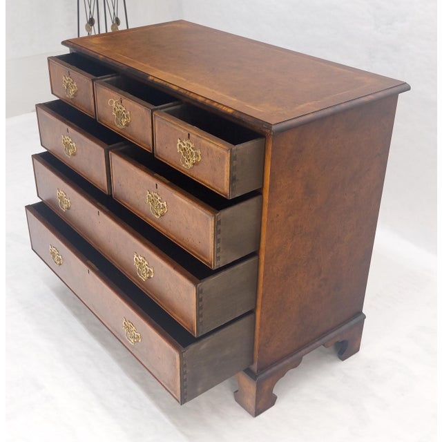Fine 7 Drawers Burl Wood Banded Top Bracket Feet English Chest of Drawers MINT For Sale - Image 14 of 15