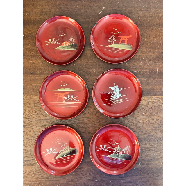 Japanese Vintage 1960s Japanese Red Lacquer Landscape Coaster Set With Lidded Box For Sale - Image 3 of 4