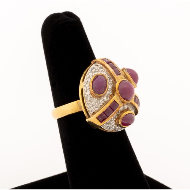 Contemporary Modernist 18k Yellow Gold Ruby and Diamond Cocktail Ring For Sale - Image 3 of 7