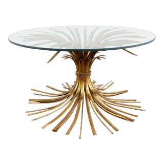 Vintage Hollywood Regency Style Gilt Sheaf of Wheat Round Glass Top Table For Sale