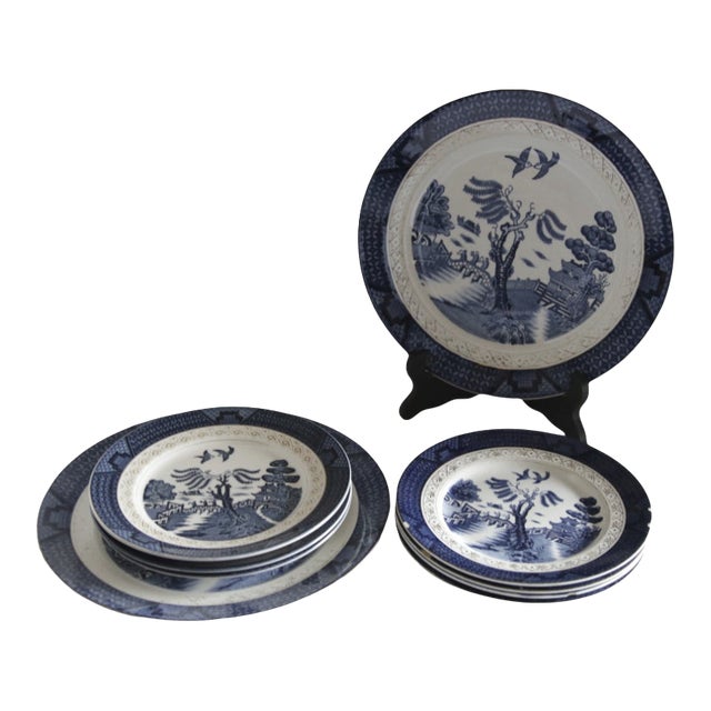 Vintage Burleigh Blue Willow Canton Dinnerware Set- 9 Pieces For Sale