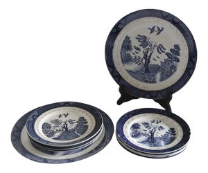 Vintage Burleigh Blue Willow Canton Dinnerware Set- 9 Pieces
