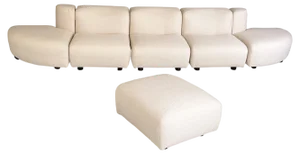 Italian Space Age Modern Modular Sofa in White-Beige Fabric with Pouf, 1970s, Set of 6