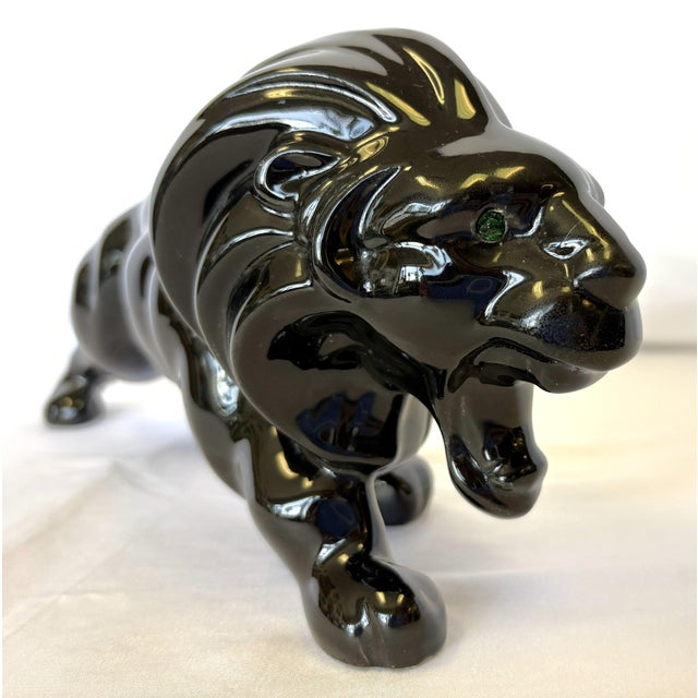 Black Vintage Ceramic Lion With Green Glass Eyes For Sale - Image 8 of 13