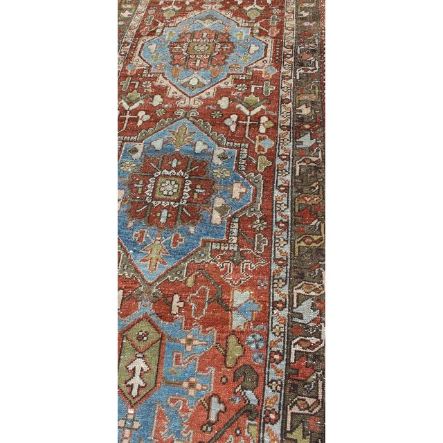 Olive Antique Persian Heriz Runner With Geometric Medallion Design in Red, Olive, Blue 3'2"x11'7" For Sale - Image 8 of 11