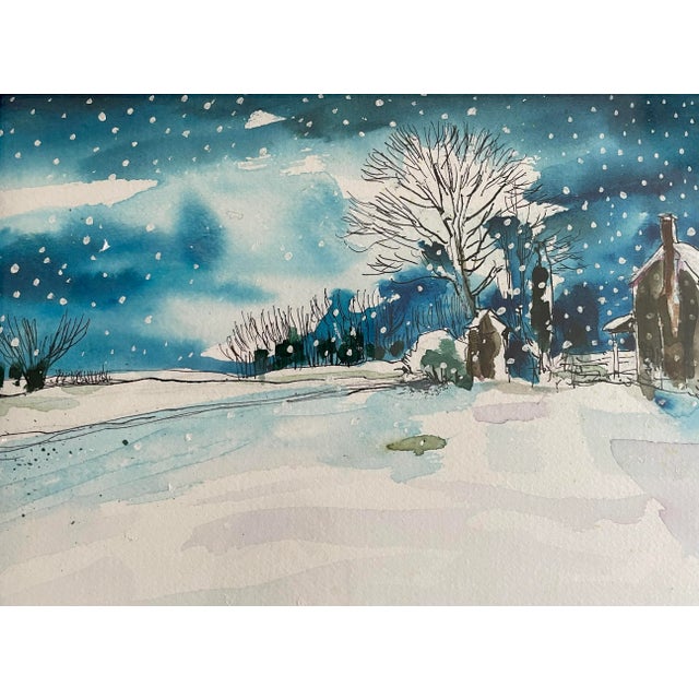 Impressionist Contemporary Vermont Winter Snowscape Pen and Watercolor Painting, Framed For Sale - Image 3 of 5